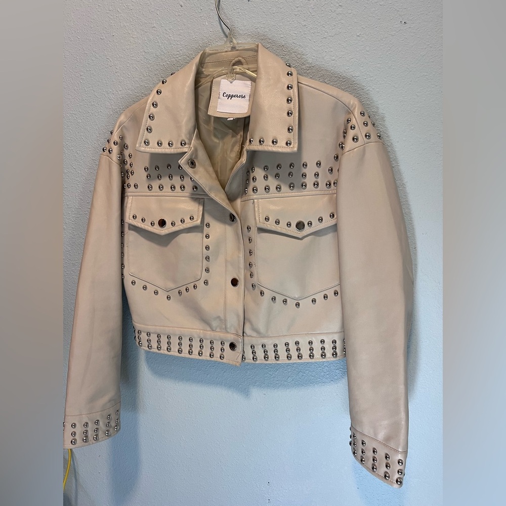 COPPEROSE Viscose Leather Studded Jacket Small Creme Motorcycle Jacket